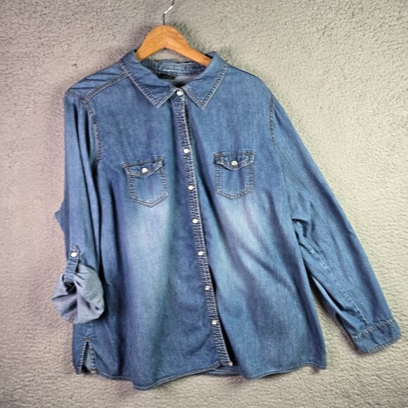 VTG Faded Glory Denim Shirt 3X Pearl Snap Roll Tab Western Y2K Cotton Side Slits - Picture 15 of 16